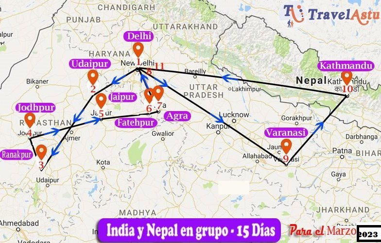 Viajes India y Nepal desde Mexico mapa